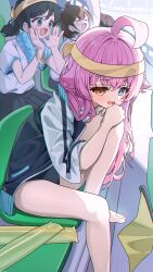  1other 3girls :d ahoge alternate_costume barefoot black_hair black_jacket black_skirt blue_archive blue_buruma blue_eyes blush brown_hair buruma capry chair closed_eyes crossed_bangs fang grey_eyes hair_between_eyes hair_flaps hair_intakes headband heterochromia highres hoshino_(blue_archive) huge_ahoge jacket jacket_on_shoulders knee_up loli medium_hair multicolored_jacket multiple_girls open_mouth orange_eyes pink_hair pleated_skirt ponytail shirt short_sleeves sidelocks sitting skirt smile solo_focus track_jacket two-tone_jacket white_jacket white_shirt yellow_headband 