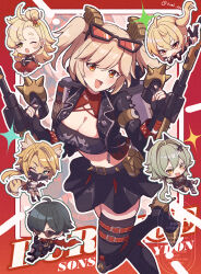  1boy 5girls absurdres animal_ears artist_name belt belt_buckle black-framed_eyewear black_belt black_hair black_jacket black_mask black_skirt black_thighhighs blonde_hair border breasts buckle burnice_white caesar_king_(zenless_zone_zero) cat_ears cat_girl cat_tail character_name chibi chibi_inset cleavage commentary_request dual_wielding eyewear_on_head flamethrower foot_out_of_frame green_hair highres holding holding_flamethrower holding_weapon jacket large_breasts lighter_(zenless_zone_zero) looking_at_viewer luciana_de_montefio lying mask medium_hair midriff mouth_mask multiple_girls norimaki_(nrmk_norinori) on_stomach one_eye_closed open_mouth orange_eyes outline outside_border piper_wheel pulchra_fellini red-tinted_eyewear red_belt red_border red_scarf scarf skirt smile solo_focus spiked_belt spiked_jacket standing standing_on_one_leg sunglasses tail the_pose thigh_belt thigh_strap thighhighs tinted_eyewear twintails twitter_username weapon white_outline zenless_zone_zero zettai_ryouiki 