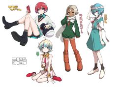 +_+ 4girls absurdres amate_yuzuriha aqua_skirt ayanami_rei bare_shoulders black_panties blue_eyes blue_hair boots boyshort_panties cellphone collared_shirt commentary_request crossed_legs dark-skinned_female dark_skin dress earrings expressionless facial_mark flat_chest forehead_mark full_body grey_hair gundam gundam_gquuuuuux hamao haro highres holding holding_phone jewelry lal&#039;c_mellk_mal light_smile looking_at_viewer miniskirt multiple_girls necktie neon_genesis_evangelion nia_teppelin panties phone red_eyes red_hair scarf school_uniform shirt short_dress short_hair sitting sketch skirt smartphone stud_earrings sweater tengen_toppa_gurren_lagann thigh_boots tokyo-3_middle_school_uniform top_wo_nerae!_(series) top_wo_nerae_2! underwear white_hair yellow_eyes 