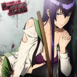 1girl blood blue_eyes bokken bra breasts busujima_saeko chimachi cleavage female_focus highschool_of_the_dead lingerie long_hair purple_hair school_uniform serafuku smile solo sweat sword torn_clothes underwear weapon wooden_sword rating:Sensitive score:58 user:danbooru