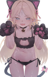  1girl alternate_costume animal_cutout animal_ear_hairband animal_ears animal_hands bell black_bra black_panties blonde_hair blue_eyes bow bra breasts cartethyia_(wuthering_waves) cat_cutout cat_ear_hairband cat_ear_panties cat_ears cat_hair_ornament cat_lingerie cat_tail cleavage_cutout clothing_cutout collar collarbone commentary cowboy_shot earrings fake_animal_ears fang gloves hair_bow hair_ornament hairband highres jewelry jingle_bell long_hair looking_at_viewer meme_attire navel neck_bell open_mouth panties parted_bangs paw_gloves paw_pose pink_bow pointy_ears side-tie_panties sidelocks simple_background skin_fang small_breasts smile solo stomach tacet_mark_(wuthering_waves) tail thighs underwear underwear_only very_long_hair white_background wuthering_waves xaea_xp 