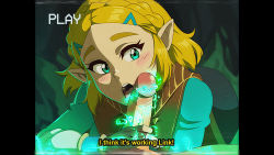 1boy 1girl aura blonde_hair braid crown_braid dirty_ero energy english_text erection fake_screenshot fellatio fingerless_gloves gloves glowing green_eyes handjob hetero highres licking licking_penis magic nintendo open_mouth oral penis pillarboxed pointy_ears princess_zelda retro_artstyle solo_focus subtitled teeth the_legend_of_zelda the_legend_of_zelda:_breath_of_the_wild the_legend_of_zelda:_tears_of_the_kingdom tongue tongue_out uncensored upper_teeth_only vhs_artifacts rating:Explicit score:290 user:danbooru