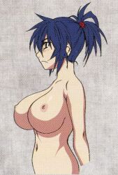  1girl blue_hair blush breast_focus breasts bust_chart hair_tie hair_up heavy_breasts hoods_entertainment large_breasts long_hair manyuu_chifusa manyuu_hikenchou navel nipples nude official_art scan solo stomach takagi_jun tomboy well_endowed yellow_eyes 