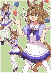  1girl ahoge animal_ears black_headwear bow braid brown_footwear brown_hair card commentary_request cowboy_shot french_braid full_body green_background hat highres holding holding_card holding_wand horse_ears horse_girl horse_tail juggling jungle_pocket_(umamusume) loafers magic magician medium_hair multiple_views notched_ear open_mouth petticoat playing_card pleated_skirt puffy_short_sleeves puffy_sleeves purple_bow purple_shirt sailor_collar school_uniform shirt shoes short_sleeves simple_background skirt summer_uniform tail thighhighs top_hat umamusume umbrella_riding unicycle wahiko_(black_bastard) wand white_skirt white_thighhighs yellow_eyes 