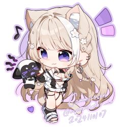  1girl :3 animal_ears belt bikini bikini_top_only black_belt black_shoes black_shorts blonde_hair blush breasts cat_ears cheek_pinching chibi chibi_only cleavage commentary commission drop_shadow ear_piercing earrings english_commentary flower full_body hair_flower hair_ornament highres jacket jewelry long_hair looking_at_another mole mole_on_breast musical_note navel open_clothes open_jacket original orphaneater_io piercing pinching purple_eyes robot sandals shoes shorts solo sweat swimsuit thigh_belt thigh_strap twitter_username walking white_background white_bikini white_flower white_jacket white_shoes 
