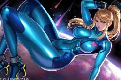  1girl blonde_hair blue_bodysuit blue_eyes bodysuit breasts gun highres holding impossible_bodysuit impossible_clothes itzah large_breasts long_hair looking_at_viewer metroid mole mole_under_mouth nintendo pixel_art ponytail samus_aran skin_tight solo weapon zero_suit 