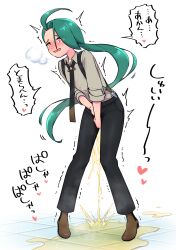 1girl absurdres ahoge aqua_hair between_legs black_necktie black_pants blush breath bright_pupils brown_shirt brown_shoes buttons collared_shirt embarrassed female_focus flat_chest forehead hand_between_legs have_to_pee heart highres japanese_text leaning_forward long_hair long_sleeves necktie nintendo nose_blush open_mouth own_hands_together pants pee peeing peeing_self pigeon-toed pocket pokemon pokemon_sv ponytail puddle raised_eyebrows red_eyes rika_(pokemon) shirt shirt_tucked_in shoes sidelocks simple_background solo speech_bubble spoken_heart steam suspenders suzumushi_(tanpopo_cha) sweat tears tile_floor tiles translation_request trembling very_long_hair wavy_eyes wet wet_clothes white_background white_pupils rating:Questionable score:52 user:AngryZapdos