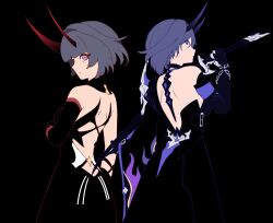  2girls acheron_(honkai:_star_rail) alternate_hair_length alternate_hairstyle backless_outfit bare_back bare_shoulders black_background black_dress black_gloves blunt_bangs chain cinnie_kinnie dress elbow_gloves gloves highres honkai:_star_rail honkai_(series) honkai_impact_3rd horns multiple_girls purple_eyes purple_hair raiden_mei raiden_mei_(herrscher_of_thunder) sawashiro_miyuki short_hair simple_background voice_actor_connection 