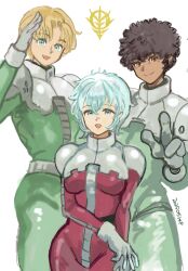  1girl 2boys afro aina_saharin bernard_wiseman blonde_hair brown_eyes dark-skinned_male dark_skin daryl_lorenz gundam gundam_0080 gundam_08th_ms_team gundam_thunderbolt highres mecha_pilot_suit mechanical_arms multiple_boys normal_suit_(gundam) okrdisk2000 salute white_background white_hair 