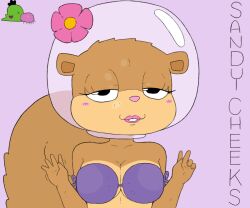 bikini bikini_top_only blush breasts eyelashes fishbowl flower furry furry_female hanage1 large_breasts lips looking_at_viewer peace_symbol sandy_cheeks spongebob_squarepants_(series) swimsuit tail waving y0dare