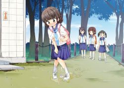 4girls backpack bag between_legs blue_skirt blush brown_eyes brown_hair clenched_teeth collarbone embarrassed female_focus full_body hand_between_legs heijitsu_(paapuu) highres knees_together_feet_apart loli multiple_girls open_mouth original outdoors pee pee_stain pee_trail peeing peeing_self pencil pink_bag pleated pleated_skirt puddle randoseru school_uniform serafuku skirt socks stain stained_clothes stained_socks standing tearing_up tears teeth tree wet wet_clothes wet_footwear wet_skirt wet_socks white_footwear white_socks rating:Sensitive score:23 user:MonsieurCinq