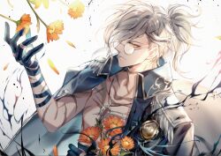  1boy bandaged_arm bandaged_hand bandages black_bandages black_coat black_fire bouquet chinese_commentary closed_mouth coat coat_on_shoulders collared_coat edmond_dantes_(fate) edmond_dantes_(monte_cristo_selection)_(fate) epaulettes expressionless eyewear_around_neck falling_flower falling_petals fate/grand_order fate_(series) fire flower glasses hair_behind_ear hair_ornament hair_over_one_eye hairclip hand_up holding holding_bouquet holding_flower long_hair looking_at_flowers male_focus no_shirt official_alternate_costume orange_flower petals ponytail round_eyewear s_(olath) scar scar_on_arm scar_on_chest scar_on_neck short_ponytail solo swept_bangs three_quarter_view upper_body wavy_hair white_background white_hair yellow_eyes 