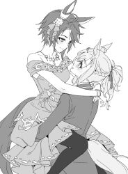 2girls animal_ears arms_around_neck braid closed_mouth commentary dress eye_contact fuji_kiseki_(umamusume) greyscale half_up_braid horse_ears horse_girl horse_tail jacket jungle_pocket_(umamusume) long_hair looking_at_another monochrome multiple_girls off-shoulder_dress off_shoulder pantyhose ponytail short_hair smile tail umamusume yuri zn242878163