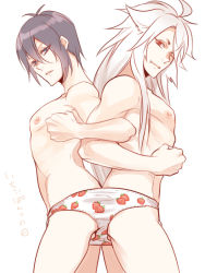  10s 2boys ahoge ass-to-ass back-to-back black_hair blue_eyes date_pun fang food_print from_side fruit_print hair_between_eyes kogitsunemaru locked_arms long_hair looking_at_viewer looking_to_the_side male_focus mikazuki_munechika multiple_boys nipples no_pants number_pun panties panties_day parted_lips print_panties red_eyes shared_clothes short_hair simple_background strawberry_panties strawberry_panties_day strawberry_print swept_bangs toned toned_male topless_male touken_ranbu translated underwear underwear_only white_background white_hair yaoi zuwai_kani 