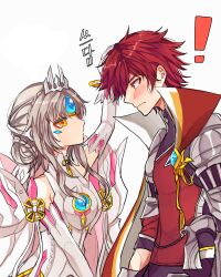  ! 1boy 1girl android armor bare_shoulders black_shirt blue_gemstone braid braided_bun cape chest_jewel code:_esencia_(elsword) crown_hair_ornament detached_sleeves dress elsword elsword_(character) eve_(elsword) forehead_jewel gem gloves hair_bun halterneck headpat highres jewelry knight_emperor_(elsword) looking_at_another pauldrons purimon red_cape red_hair red_shirt shirt short_hair shoulder_armor sidelocks sleeveless sleeveless_dress two-tone_shirt upper_body white_cape white_dress white_gloves white_hair white_sleeves yellow_eyes 