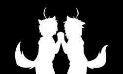  2boys ahoge animal_ears bad_apple!! character_request commentary doingmorenatsu english_commentary furry furry_male holding_hands male_focus monochrome morenatsu multiple_boys nanafuse_(morenatsu) shun_kodori tail touhou wolf_boy wolf_ears wolf_tail 
