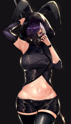  1girl animal_hood armpits asymmetrical_sleeves bad_id bad_pixiv_id black_thighhighs breasts cowboy_shot crop_top detached_sleeves female_focus gas_mask hair_over_one_eye highres hood large_breasts looking_at_viewer mask navel original purple_eyes purple_hair rabbit_hood shiodango short_shorts shorts solo stomach thigh_gap thighhighs uneven_sleeves zettai_ryouiki 