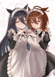  2girls absurdres agnes_tachyon_(umamusume) ahoge animal_ears apron black_dress black_hair blush bow bowtie breasts brown_hair closed_mouth crea_tiramisu dress frilled_apron frilled_dress frills hair_between_eyes heart heart_hands heart_hands_duo highres horse_ears horse_girl horse_tail huge_ahoge long_bangs long_hair_between_eyes long_sleeves looking_at_viewer maid_headdress manhattan_cafe_(umamusume) medium_breasts multicolored_hair multiple_girls puffy_sleeves red_eyes smile tail umamusume white_apron white_bow white_bowtie white_hair yellow_eyes 