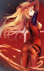  1girl arms_behind_head arms_up ass blue_eyes bodysuit breasts brown_hair commentary cowboy_shot curvy floating_hair from_behind gradient_background grin hair_between_eyes highres huge_ass kottungyang long_hair looking_at_viewer looking_back looking_to_the_side mecha_pilot_suit medium_breasts neon_genesis_evangelion plugsuit_(evangelion) rebuild_of_evangelion red_bodysuit shiny_clothes smile solo souryuu_asuka_langley standing thigh_gap two_side_up very_long_hair wide_hips  rating:Sensitive score:32 user:danbooru