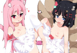  2girls absurdres animal_ears bar_censor black_hair blue_eyes breasts cat_ears cat_girl cat_tail censored commentary dildo double_dildo dress english_commentary fang fox_ears fox_girl fox_tail hair_ornament heart highres kitsune loli long_hair multiple_girls multiple_tails nipples open_mouth original pink_hair pruzhka_(wardi113) pussy pussy_juice red_eyes sex_toy shared_object_insertion shared_speech_bubble short_hair simple_background skin_fang small_breasts speech_bubble spoken_heart spread_legs sweat tail thighhighs wedding_dress white_background white_dress white_thighhighs yuri 