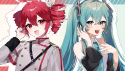  2girls absurdres ahoge bare_shoulders belt black_belt black_sleeve_cuffs blue_eyes blue_nails blush bow buttons collared_shirt commentary_request double-breasted drill_hair fingernails grey_jacket hair_between_eyes hair_bow hand_up hatsune_miku highres jacket kasane_teto kasane_teto_(sv) letterboxed long_sleeves looking_at_viewer multiple_girls open_mouth red_hair red_nails red_trim shirt shoulder_belt shoulder_boards sleeveless sleeveless_shirt synthesizer_v teeth twin_drills twintails tyazakura_sayu upper_body upper_teeth_only utau vocaloid white_bow wing_collar 