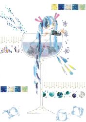  1girl 922pochan abstract aqua_necktie bare_shoulders black_skirt black_sleeves black_thighhighs blue_hair blue_theme breasts champagne_coupe commentary cup detached_sleeves drink drinking_glass elbow_rest english_commentary full_body green_eyes hair_between_eyes hair_ribbon hatsune_miku highres ice ice_cube long_hair looking_at_viewer masking_tape_(medium) mixed_media necktie open_hand partially_submerged pink_ribbon planet ribbon shirt sitting skirt sleeveless sleeveless_shirt small_breasts smile solo star_(symbol) thighhighs traditional_media twintails unconventional_media very_long_hair vocaloid white_background white_shirt yokozuwari zettai_ryouiki 