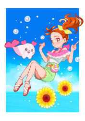 1girl belt blue_sky bubble closed_mouth cloud cloudy_sky commentary day floating floating_hair flower frilled_shirt frills green_eyes green_shorts hair_floating_upwards hair_ribbon highres horizon index_finger_raised jewelry kururun_(precure) kyanos_(b_0000ff) looking_at_viewer natsuumi_manatsu necklace ocean off-shoulder_shirt off_shoulder orange_belt orange_hair outdoors pink_shirt pouch precure ribbon sandals seal_(animal) shell shell_necklace shirt shorts side_ponytail sky smile solo sunflower tropical-rouge!_precure two-tone_shirt white_sandals white_shirt yellow_ribbon rating:General score:2 user:danbooru