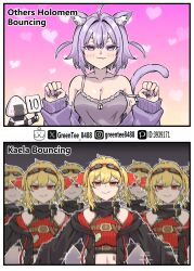  2girls :3 absurdres afterimage ahoge animal_ears black_jacket blonde_hair blush bouncing_breasts breasts camisole cat_ears cat_tail cleavage goggles goggles_on_head heart heart_background highres hololive hololive_indonesia jacket kaela_kovalskia kaela_kovalskia_(4th_costume) midriff multiple_girls nekomata_okayu nekomata_okayu_(membership) onigirya_(nekomata_okayu) purple_eyes purple_hair purple_jacket red_eyes smile strap_slip tail virtual_youtuber zetsuental 