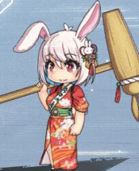  1girl 2023 alternate_costume animal_ears animated animated_gif arms_up blush bouncing_breasts breasts chibi chinese_zodiac full_body hammer highres holding holding_weapon japanese_clothes kimono large_breasts laughing leotard lilith-soft looking_ahead nipples official_alternate_costume open_mouth playboy_bunny rabbit_(chinese_zodiac) rabbit_ears rabbit_girl shiny_clothes simple_background smile solo taimanin_(series) taimanin_rpgx translation_request una_mochizuki weapon white_hair wide_hips year_of_the_rabbit 