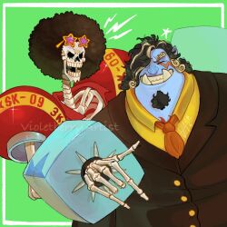  2boys ^_^ afro black_hair black_suit blue_skin brook_(one_piece) closed_eyes colored_skin commentary cosplay eyewear_on_head facial_hair formal_clothes franky_(one_piece) franky_(one_piece)_(cosplay) goatee green_background hair_over_one_eye highres jinbe_(one_piece) male_focus multiple_boys necktie one_piece sanji_(one_piece) sanji_(one_piece)_(cosplay) scar scar_across_eye scar_on_face sharp_teeth shirt skeleton smile suit teeth violetberryartist yellow_shirt 
