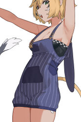  1girl :3 :d armpits arms_up bare_shoulders black_hair black_shirt black_streaks blonde_hair blue_overalls breasts checkered_trim cleavage cowboy_shot dooby_(vtuber) double-parted_bangs from_side fur-tipped_tail green_eyes grey_tail grin hair_between_eyes hair_flaps highres indie_virtual_youtuber karassawa legs_together long_eyelashes looking_at_viewer looking_to_the_side low_neckline medium_breasts multicolored_hair multicolored_tail open_mouth outstretched_arms overall_shorts overalls pocket puffy_shorts shirt shorts sidelocks simple_background skindentation smile solo standing star_(symbol) strapless strapless_shirt striped_clothes tag tail teeth thick_eyelashes thighs tight_clothes tight_shirt tube_top upper_teeth_only vertical-striped_clothes vertical-striped_overalls virtual_youtuber white_background white_hair white_streaks white_tail yellow_tail 