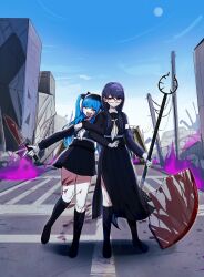 2girls absurdres amemiya_darumi axe black_boots black_hair black_shirt black_skirt blood blood_splatter blue_hair boots closed_eyes closed_mouth female_focus full_body glasses gloves gun highres holding holding_axe holding_gun holding_weapon long_hair multiple_girls open_mouth outdoors pleated_skirt purple_hair red_eyes ruins shirt shizuhara_hiruko skirt smile standing the_hundred_line_-last_defense_academy- twintails weapon white_gloves yuri