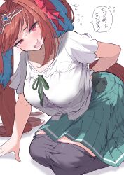  1girl absurdres black_pantyhose blush breasts brown_hair casual cosplay daiwa_scarlet_(umamusume) green_skirt highres horse_girl itosu200 looking_at_viewer open_mouth pantyhose red_eyes silence_suzuka_(umamusume) silence_suzuka_(umamusume)_(cosplay) skirt solo speech_bubble tiara twintails umamusume white_background 