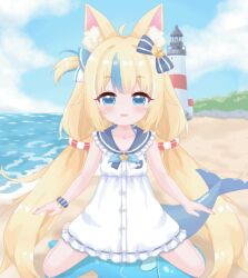 1girl :3 :d ahoge animal_ear_fluff animal_ears animated animated_gif bare_arms bare_legs beach bestiality blonde_hair blue_bow blue_bowtie blue_eyes blue_hair blue_sailor_collar blue_scrunchie blue_sky blush bow bowtie breast_pocket buttons cat_ears center-flap_bangs cloud cloudy_sky cowgirl_position crotch_rub day dress ear_wiggle fins fish fish_girl fish_tail flat_chest frilled_dress frilled_shirt_collar frills hair_bow hair_flaps indie_virtual_youtuber lifebuoy_hair_ornament lighthouse live2d long_hair looking_at_viewer low_twintails multicolored_hair ocean oldb one_side_up open_mouth outdoors paid_reward_available pocket pov pov_crotch public_indecency sailor_collar sailor_dress sameko_saba sameko_saba_(fish) scrunchie selfcest sexually_suggestive shore short_dress sky smile solo straddling straight-on streaked_hair tail tail_wagging tareme twintails variant_set very_long_hair virtual_youtuber white_dress wrist_scrunchie 