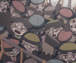  &gt;_&lt; absurdres avogado6 black_jacket commentary_request fang from_above green_neckwear hat henohenomoheji highres jacket jiangshi long_sleeves money necktie open_mouth original people skin_fang sleeves_past_fingers sleeves_past_wrists streetcar_interior tears 