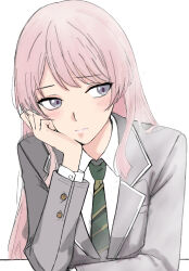  1girl bang_dream! bang_dream!_it&#039;s_mygo!!!!! blazer breasts chihaya_anon closed_mouth green_necktie grey_eyes grey_jacket hand_on_own_chin haneoka_school_uniform highres jacket leaning_to_the_side long_hair long_sleeves looking_to_the_side necktie pink_hair school_uniform shirt simple_background small_breasts striped_necktie upper_body white_background white_shirt wtsino 
