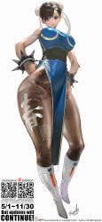  boots bracelet breasts brown_eyes bun_cover capcom china_dress chinese_clothes chun-li double_bun dress evan_lee hair_bun highres jewelry large_breasts looking_at_viewer mechanical_legs paid_reward_available pantyhose pelvic_curtain see-through_clothes sleeveless spiked_bracelet spikes street_fighter thick_thighs thighs white_boots 