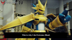  3d 3d_background armor caption church deviantart digimon dragon front_skirt_armor golden golden_arms helmet highres magnamon meme memri_tv red_eyes shoulder_armor v-mon wings 