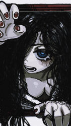  1girl black_hair blue_eyes breasts collarbone colored_skin crawling downblouse facing_viewer grey_skin hair_over_one_eye highres long_hair looking_at_viewer medium_breasts messy_hair nail_polish open_mouth outstretched_hand red_nails shisunomiunko solo television the_ring yamamura_sadako  rating:Sensitive score:26 user:HomeStruck