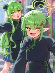  2girls :d :o alternate_costume alternate_hairstyle backlighting black_dress blue_archive blue_skirt blurry blurry_background blush bun_cover china_dress chinese_clothes commentary cowboy_shot day double_bun dress earrings fang green_hair green_halo hair_between_eyes hair_bun hair_intakes hair_ornament hairclip halo highres hikari_(blue_archive) jewelry long_hair looking_at_viewer miniskirt multiple_girls no_headwear nozomi_(blue_archive) open_mouth outdoors outstretched_arms parallel_hairclips pleated_skirt pointy_ears siblings sidelocks sisters skin_fang skirt sleeves_past_fingers sleeves_past_wrists smile standing tai_saka thick_eyebrows twins twintails v-shaped_eyebrows very_long_hair wavy_hair wide_sleeves 