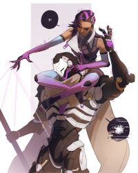  1boy 1girl 47_lall absurdres arm_up asymmetrical_hair cable_hair cyborg dark-skinned_female dark_skin elbow_gloves eyebrow_cut gloves grin hand_on_another&#039;s_cheek hand_on_another&#039;s_face highres holographic_interface humanoid_robot korean_text looking_down mechanical_head mole mole_under_eye overwatch poking puppet_strings purple_eyes purple_gloves purple_hair purple_lips ramattra_(overwatch) robot simple_background sitting_on_shoulder sleeveless sleeveless_jacket smile sombra_(overwatch) speech_bubble spoken_scribble talking trembling white_background 