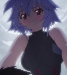  10s 1boy 1girl black_hair blue_hair blush breasts girl_on_top highres infinite_stratos large_breasts leotard looking_at_another orimura_ichika red_eyes sarashiki_tatenashi screencap short_hair sleeveless smile  rating:Sensitive score:42 user:AC89