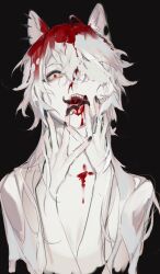  1other aegyo_sal ahoge animal_ear_piercing animal_ears black_background black_nails bleeding blood blood_in_hair blood_on_body blood_on_face blood_on_mouth censored censored_identity constricted_pupils covering_nipples covering_privates curly_hair fox_ears grabbing_own_chin hair_over_one_eye hands_up highres indie_virtual_youtuber long_hair looking_at_viewer mari_the_hybrid no_shirt reaching red_eyes sharp_teeth simple_background solo spread_fingers teeth tentacle_in_mouth tongue tongue_out upper_body white_hair yoimon 