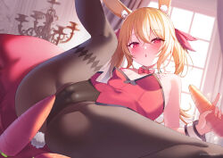  1girl animal_ear_fluff animal_ears ass bare_arms bare_shoulders black_pantyhose blonde_hair blush bow bowtie breasts cameltoe carrot chandelier chinese_commentary commentary_request company_name copyright_notice couch covered_navel curtains day detached_collar fake_animal_ears fake_tail food highres holding holding_carrot holding_food leotard little_witch_nobeta loli long_hair nobeta official_art pantyhose petite playboy_bunny rabbit_ears rabbit_tail red_bow red_bowtie red_eyes red_leotard second-party_source small_breasts solo spread_legs strapless strapless_leotard sunlight tail thighband_pantyhose thighs window wrist_cuffs  rating:Questionable score:61 user:danbooru