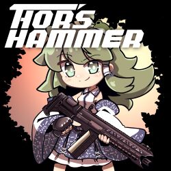  1girl ahoge assault_rifle bare_shoulders blue_skirt chibi closed_mouth collared_shirt detached_sleeves dnk dot_nose english_text facing_viewer fingerless_gloves frilled_skirt frills frog_hair_ornament gloves green_eyes green_hair gun hair_ornament hair_tubes highres holding holding_gun holding_weapon kochiya_sanae long_hair long_sleeves looking_at_viewer patterned_clothing print_skirt rail_(weapon) rifle shirt simple_background single_hair_tube single_sidelock skirt skirt_set sleeveless sleeveless_shirt snake_hair_ornament solo touhou trigger_discipline weapon weapon_request wide_sleeves 