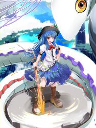  1girl black_headwear blouse blue_hair blue_skirt boots bow bowtie brown_footwear center_frills cloud collared_shirt commentary_request cross-laced_footwear fish food frilled_skirt frills fruit full_body hand_on_own_hip hat_ornament high_heel_boots high_heels highres hinanawi_tenshi holding holding_sword holding_weapon kaname-ishi leaf leaf_hat_ornament long_hair looking_at_viewer nagae_iku nagae_iku_(fish) oarfish onbashira open_mouth outdoors peach peach_hat_ornament puffy_short_sleeves puffy_sleeves rainbow_order red_bow red_bowtie red_eyes ryo_(ryopics) shirt short_sleeves skirt standing sword sword_of_hisou touhou weapon white_shirt 