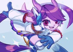  1girl blue_gloves boots colored_skin dragon_girl freedom_planet furry furry_female galaxytrail gloves horns japanese_clothes koi_drake long_hair open_mouth purple_hair purple_skin sash_lilac shorts smile solo tail teeth very_long_hair 