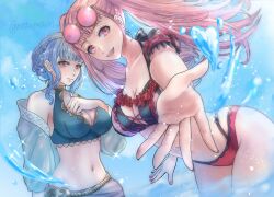 2girls bare_shoulders bikini blue_bikini blue_hair blue_sarong blue_sky braid breasts brown_eyes cleavage closed_mouth collarbone crown_braid eyewear_on_head fire_emblem fire_emblem:_three_houses fire_emblem_heroes hand_on_own_chest highres hilda_valentine_goneril hilda_valentine_goneril_(summer) long_hair looking_at_viewer marianne_von_edmund marianne_von_edmund_(summer) medium_breasts multiple_girls navel nekoyashiki_08 nintendo ocean off-shoulder_bikini off_shoulder official_alternate_costume open_mouth outdoors pink-tinted_eyewear pink_bikini pink_eyes pink_hair reaching reaching_towards_viewer sarong sky smile stomach striped_bikini striped_clothes sunglasses swimsuit teeth tinted_eyewear twintails vertical-striped_bikini vertical-striped_clothes water 