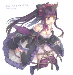 1girl bare_shoulders beyaert_alma black_dress boots breasts character_name cleavage dated dress emil_chronicle_online frilled_dress frilled_hairband frills hairband highres horns horse_girl large_breasts long_hair miya8111 open_mouth purple_eyes purple_hair purple_thighhighs striped_clothes striped_thighhighs thighhighs white_background 