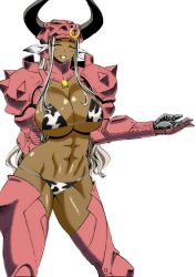 12_beast 1girl abs animal_print armor asterio bell bikini blush breasts cleavage closed_eyes colorized cow_girl cow_print cow_print_bikini cowbell dark-skinned_female dark_skin female_focus grey_hair horns huge_breasts long_hair minotaur monster_girl muscular okayado parted_lips print_bikini smile solo swimsuit rating:Questionable score:52 user:deltaonix
